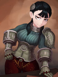 Rule 34 | 1girl, absurdres, armor, ashei, black hair, cowboy shot, cranihum, drawfag, frown, gauntlets, gloves, hand on own hip, highres, looking at viewer, nintendo, pauldrons, red eyes, shoulder armor, solo, sweater, table, the legend of zelda, the legend of zelda: twilight princess, twintails