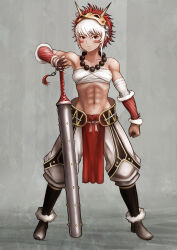 Rule 34 | 1girl, abs, bare shoulders, chest sarashi, club (weapon), facial tattoo, fire emblem, fire emblem fates, full body, highres, holding, holding club, holding weapon, horns, mask, muscular, muscular female, nintendo, oni horns, oni mask, rinkah (fire emblem), sarashi, solo, tamaishi, tattoo, weapon