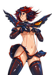 Rule 34 | 10s, 12cat, 1girl, breasts, covering privates, covering breasts, kill la kill, large breasts, matoi ryuuko, senketsu, short hair, simple background, solo, white background