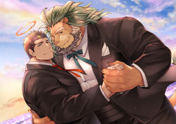 Rule 34 | 2boys, arsalan (housamo), bara, black hair, blurry, blurry background, blush, brown eyes, cloud, cloudy sky, coat, collared coat, collared shirt, couple, facial hair, furry, furry male, green hair, halo, holding, holding hands, hug, looking at viewer, male focus, manly, mature male, multicolored hair, multiple boys, muscular, muscular male, one eye closed, ribbon, shirt, short hair, sky, smile, smirk, sparkle, spiked hair, stubble, sunlight, sunset, teeth, thick arms, thick eyebrows, tight clothes, tokyo houkago summoners, veins, veiny hands, wafu (youzora samo18), water, yaoi, yellow eyes, zabaniyya (housamo)
