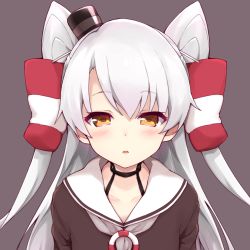 Rule 34 | 1girl, amatsukaze (kancolle), black choker, black hat, blush, brown background, brown shirt, choker, collarbone, commentary request, grey hair, grey neckerchief, hair tubes, hat, jampen, kantai collection, lifebuoy, long hair, looking at viewer, mini hat, neckerchief, orange eyes, parted bangs, parted lips, sailor collar, shirt, simple background, solo, swim ring, two side up, upper body