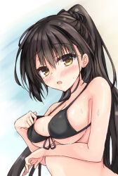 Rule 34 | 1girl, alternate costume, alternate hairstyle, arm under breasts, bikini, bikini pull, black bikini, black hair, blue background, blush, breasts, cafe stella to shinigami no chou, clothes pull, commentary, earrings, eyelashes, eyes visible through hair, front-tie bikini top, front-tie top, hair between eyes, hand up, igarashi kenji, jewelry, long hair, looking at viewer, medium breasts, mole, mole under eye, open mouth, ponytail, pulled by self, shiki natsume, shiny skin, shy, sideboob, simple background, solo, straight hair, stud earrings, sweat, swimsuit, upper body, very long hair, yellow eyes