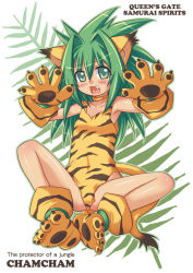 Rule 34 | 1girl, :d, animal ears, animal hands, blush, cat ears, cat girl, cat tail, cham cham, character name, choker, fang, female focus, full body, gloves, green eyes, green hair, hair intakes, happy, kure (beniya), long hair, matching hair/eyes, open mouth, paw gloves, paw shoes, plant, samurai spirits, shoes, sitting, smile, snk, solo, spiked hair, spread legs, tail, white background