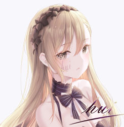 Rule 34 | 1girl, amaroku neko, bare shoulders, black bra, black ribbon, blonde hair, blue ribbon, bra, breasts, brown eyes, cleavage, commentary request, face, forever 7th capital, frown, hair ornament, highres, long hair, looking at viewer, medium breasts, ribbon, simple background, solo, underwear, white background, white ribbon