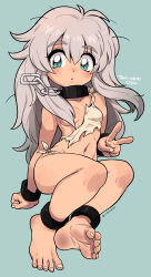Rule 34 | 1girl, :o, absurdres, aqua eyes, barefoot, bdsm, blue background, blush, breasts, chain, character name, collar, cuffs, dirty, dirty feet, feet, female focus, full body, grey hair, hair between eyes, hair over breasts, hair over one breast, highres, long hair, navel, nose blush, nude, one breast out, original, oyatsu (mk2), shackles, simple background, sitting, slave, small breasts, soles, solo, thick eyebrows, toe scrunch, toes, v