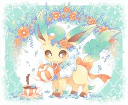 Rule 34 | bow, brown eyes, commentary request, creatures (company), cup, flower, frills, game freak, gen 4 pokemon, leaf, leafeon, light blush, looking down, mouth hold, mugita konomi, nintendo, no humans, orange bow, orange flower, pokemon, pokemon (creature), pouring, saucer, solo, standing, teacup, teapot, toes