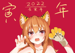 Rule 34 | 1girl, 2022, absurdres, aisaka taiga, animal ear fluff, animal ears, animal hands, bad id, bad pixiv id, blush, brown hair, chinese zodiac, claw pose, commentary request, fang, female focus, highres, long hair, open mouth, portrait, red background, red eyes, shuji 2001, simple background, solo, tiger ears, tiger paws, topless, toradora!, upper body, v-shaped eyebrows, year of the tiger