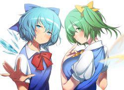 Rule 34 | 2girls, bad id, bad pixiv id, blue dress, blue eyes, blue hair, blush, bow, breasts, cirno, daiyousei, dress, fairy wings, finger to mouth, flat chest, hair bow, hair ribbon, ice, ice wings, large breasts, looking at viewer, multiple girls, po. (medamaoyazi), puffy short sleeves, puffy sleeves, ribbon, shirt, short sleeves, side ponytail, simple background, smile, touhou, upper body, wings