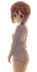 Rule 34 | 1girl, backlighting, blush, breasts, brown eyes, brown hair, commentary request, cowboy shot, hagiwara yukiho, hair between eyes, highres, idolmaster, idolmaster (classic), looking at viewer, looking to the side, mimikaki (men bow), no pants, shirt, short hair, simple background, small breasts, solo, white background, white shirt