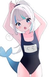 Rule 34 | 1girl, ?, adjusting hair, armpits, arms up, blue eyes, blue hair, blush, breasts, collarbone, dot nose, feet out of frame, fins, fish tail, gawr gura, grey hair, hair ornament, hairband, highres, hololive, hololive english, holomyth, long hair, multicolored hair, nocchi (r ws2l), open mouth, school swimsuit, shark tail, sidelocks, simple background, small breasts, solo, standing, swimsuit, tail, thighs, two-tone hair, virtual youtuber, water drop, wet, white background