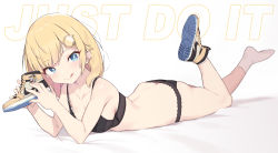 Rule 34 | 1girl, :q, absurdres, air jordan, air jordan 1, black bra, black panties, blonde hair, bra, breasts, butt crack, cleavage, cloba, hair ornament, highres, holding, holding shoes, hololive, hololive english, just do it (meme), looking at viewer, lying, medium breasts, meme, nike (company), on stomach, panties, shoes, short hair, smol ame, sneakers, socks, solo, tongue, tongue out, underwear, underwear only, virtual youtuber, watson amelia