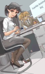 Rule 34 | 1girl, absurdres, black hair, brown eyes, chair, desk, feet, highres, horns, long hair, looking at viewer, office, office lady, open mouth, pantyhose, pointy ears, shoes, unworn shoes, sitting, soles, toes, twintails