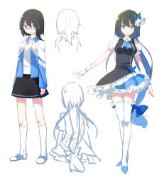 Rule 34 | 2girls, asymmetrical clothes, black hair, black skirt, blue eyes, blue hair, blue skirt, boots, bow, buts (11067), dual persona, frills, full body, glasses, gradient hair, hair bow, jacket, kneehighs, layered skirt, long hair, low-tied long hair, multicolored hair, multiple girls, original, precure, red-framed eyewear, shirt, shoes, short hair, sketch, skirt, smile, socks, standing, thigh boots, thighhighs, white background, white legwear, wrist cuffs
