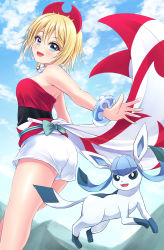 Rule 34 | 1girl, :d, absurdres, akirappy, blonde hair, blue eyes, cloud, collar, commentary request, creatures (company), day, eyelashes, flute, game freak, gen 4 pokemon, glaceon, hair between eyes, hairband, highres, instrument, irida (pokemon), looking at viewer, nintendo, open mouth, outdoors, pokemon, pokemon (creature), pokemon legends: arceus, red hairband, red shirt, sash, shiny skin, shirt, short hair, shorts, sky, smile, tongue, waist cape, white shorts
