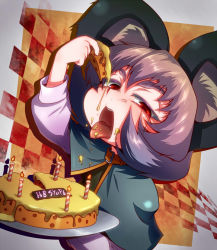Rule 34 | 1girl, animal ears, candle, capelet, cheese, eating, food, food on face, grey hair, long sleeves, mouse ears, nazrin, open mouth, red eyes, short hair, solo, tongue, tongue out, tora (trampjing), touhou