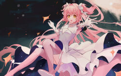 Rule 34 | 1girl, absurdres, bow, choker, cleavage cutout, clothing cutout, dress, gloves, hair bow, hair intakes, highres, kaname madoka, long hair, magical girl, mahou shoujo madoka magica, night, pink footwear, pink hair, reaching, reaching towards viewer, ribbon, smile, solo, sparkle, thighhighs, two side up, ultimate madoka, very long hair, white bow, white choker, white dress, white gloves, wings, xianluojimaomao2333, yellow eyes