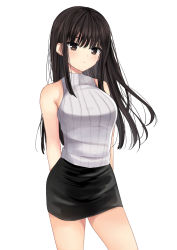 Rule 34 | 1girl, absurdres, bare arms, bare shoulders, black hair, black skirt, breasts, brown eyes, closed mouth, commentary request, highres, long hair, looking at viewer, medium breasts, original, ribbed shirt, shirt, shiwasu horio, simple background, skirt, sleeveless, sleeveless shirt, solo, very long hair, white background, white shirt