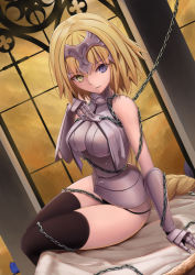 Rule 34 | 1girl, arm support, armor, bird, black panties, black thighhighs, blonde hair, braid, chain, closed mouth, dutch angle, eyebrows, fate/apocrypha, fate/grand order, fate (series), gauntlets, headpiece, heterochromia, jeanne d&#039;arc (fate), jeanne d&#039;arc (ruler) (fate), jeanne d&#039;arc (third ascension) (fate), long hair, looking at viewer, no pants, panties, purple eyes, revision, single braid, sitting, sleeveless, smile, solo, string panties, thighhighs, tsuki suigetsu, type-moon, underwear, very long hair, window, yellow eyes