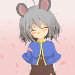 Rule 34 | 1girl, animal ears, arms behind back, blush, capelet, cherry blossoms, closed eyes, facing viewer, greatmosu, grey hair, highres, jewelry, mouse ears, nazrin, pendant, short hair, smile, solo, touhou