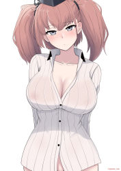 Rule 34 | 1girl, areola slip, atlanta (kancolle), black hat, blush, breasts, brown hair, collarbone, commentary request, cypress, dress shirt, earrings, garrison cap, grey eyes, groin, hat, jewelry, kantai collection, large breasts, long hair, long sleeves, naked shirt, no panties, shirt, solo, striped, two side up, vertical stripes, white shirt