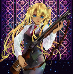 Rule 34 | 00s, 1girl, bad id, bad pixiv id, blonde hair, blue eyes, bow, dark-skinned female, dark skin, dress shirt, formal, gun, gunslinger girl, hair ribbon, long hair, looking at viewer, necktie, open mouth, pant suit, pants, pump action, ribbon, shirt, shotgun, solo, sparkle, stained glass, suit, triela, twintails, vest, weapon, winchester model 1897, yuzu 5101
