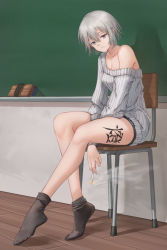 Rule 34 | 1girl, black shorts, black socks, breasts, chair, chalkboard, cigarette, cleavage, closed mouth, collarbone, commentary request, full body, grey hair, grey sweater, half-closed eyes, highres, indoors, long legs, looking at viewer, medium breasts, miso (b7669726), off-shoulder sweater, off shoulder, original, ribbed sweater, school chair, short hair, shorts, single bare shoulder, sitting, smoke, socks, solo, sweater, tattoo, v arms