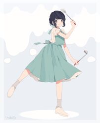 Rule 34 | 1girl, apron, aqua skirt, artist name, black eyes, black hair, commentary request, full body, grey socks, holding, holding ladle, holding spatula, ladle, looking at viewer, maco22, original, shirt, shoes, short hair, short sleeves, sidelocks, signature, simple background, skirt, smile, socks, solo, spatula, standing, standing on one leg, tongue, tongue out, white footwear, white shirt
