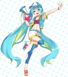 Rule 34 | 1girl, aqua eyes, aqua hair, aqua nails, belt, bracelet, character cutout, commentary, full body, hat, hatsune miku, highres, holding, holding megaphone, jacket, jewelry, kusunokimizuha, leg up, long hair, looking at viewer, megaphone, midriff, nail polish, open mouth, outstretched arm, polka dot, polka dot background, see-through, shorts, single thighhigh, smile, solo, thighhighs, twintails, very long hair, vocaloid, white shorts, wrist bow
