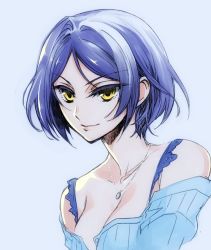 Rule 34 | 10s, 1girl, bare shoulders, blue background, blue bra, blue hair, bra, breasts, cleavage, collarbone, commentary request, female focus, hayami kanade, idolmaster, idolmaster cinderella girls, ishida akira, jewelry, large breasts, lips, looking at viewer, naughty face, neck, necklace, off shoulder, parted bangs, short hair, simple background, smile, solo, unbuttoned, underwear, upper body, yellow eyes