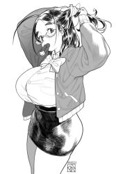 Rule 34 | 1girl, bow, bowtie, breasts, commentary, dated, english commentary, glasses, greyscale, huge breasts, jacket, miniskirt, monochrome, mouth hold, original, pencil skirt, poch4n, scrunchie, signature, skirt, solo, thick eyebrows, timid office lady (poch4n), tying hair