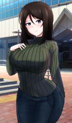 Rule 34 | 1girl, amogan, arm behind back, black hair, black pants, blue eyes, blush, breasts, building, casual, closed mouth, commentary request, cowboy shot, day, denim, frown, girls und panzer, green sweater, hand on own chest, highres, huge breasts, jeans, korean commentary, long hair, looking at viewer, mixed-language commentary, nonna (girls und panzer), outdoors, pants, partial commentary, ribbed sweater, solo, standing, sweater, swept bangs, turtleneck