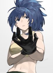 Rule 34 | 1girl, adjusting clothes, adjusting gloves, akisa yositake, bare arms, bare shoulders, black gloves, blue eyes, blue hair, breasts, commentary, crop top, gloves, gradient background, grey background, jewelry, leona heidern, midriff, navel, parted lips, ponytail, sleeveless, solo, sports bra, stomach, the king of fighters, the king of fighters xiv, the king of fighters xv, upper body
