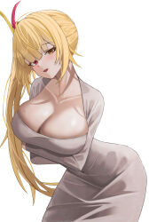 Rule 34 | 1girl, :d, absurdres, blonde hair, blush, breasts, cleavage, collarbone, commentary request, cowboy shot, dongtan dress, dress, fakey, grey dress, highres, hoshikawa sara, large breasts, leaning forward, long hair, long sleeves, looking at viewer, meme attire, nijisanji, open mouth, red eyes, side ponytail, simple background, skindentation, smile, solo, standing, very long hair, white background, yellow eyes