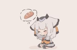 Rule 34 | 1girl, arknights, black footwear, blush, bread, brown background, chibi, closed eyes, dress, food, grey jacket, horns, jacket, kurotofu, nose bubble, open clothes, open jacket, ptilopsis (arknights), sitting, solo, spoken food, thought bubble, white dress, white hair