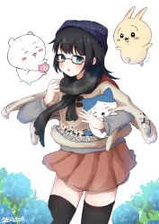 Rule 34 | 1girl, absurdres, black-framed eyewear, black hair, black headwear, black scarf, black thighhighs, blue flower, blush, brown skirt, brown sweater, character request, chiikawa, commentary request, dreamusun, flower, fur-trimmed sweater, fur trim, glasses, green eyes, grey shirt, highres, hydrangea, long sleeves, looking at viewer, parted lips, pleated skirt, polka dot headwear, scarf, shirt, signature, simple background, skirt, sweater, thighhighs, white background