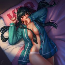 Rule 34 | ahoge, artist logo, black hair, breasts, collarbone, covering own mouth, cushion, earrings, from above, gold earrings, green pajamas, hair between breasts, hand over own mouth, highres, jewelry, large breasts, long hair, lying, nail polish, navel, on back, on bed, open pajamas, pajamas, panties, red eyes, red nails, spy x family, stomach, underwear, white panties, yor briar, yuushin 07