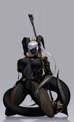 Rule 34 | 1girl, arm over head, axe, black horns, black skin, bodysuit, breasts, colored skin, curled horns, fur collar, fur trim, grey background, hair ornament, highres, holding, holding axe, holding polearm, holding spear, holding weapon, horns, kneeling, large breasts, looking at viewer, mechanical arms, original, polearm, scythe, short hair, silver hair, simple background, skin tight, smile, solo, spear, tail, ub1mo, weapon, yellow eyes