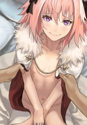 Rule 34 | 2boys, astolfo (fate), black ribbon, cape, closed mouth, commentary request, covering privates, covering crotch, dark-skinned male, dark skin, embarrassed, fate/grand order, fate (series), fingernails, fur trim, hair between eyes, hair ribbon, looking at viewer, male focus, multicolored hair, multiple boys, navel, nipples, pink hair, pov, pov hands, purple eyes, red cape, ribbon, sitting, smile, solo focus, streaked hair, trap, yaoi, zonotaida