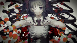 Rule 34 | 1girl, anatomy, bags under eyes, bandaid, black hair, blood, blood from mouth, blood on clothes, bloody tears, closed mouth, collared shirt, commentary request, cookie (touhou), cuts, de uzimushi, drugs, empty eyes, hair ribbon, hata-tan (rui (hershe)), himekaidou hatate, injury, long hair, looking at viewer, necktie, one eye closed, otome kaibou (vocaloid), pill, purple eyes, purple ribbon, ribbon, ribs, shirt, skirt, smile, solo, syringe, touhou, twintails, upper body, vocaloid, white background, white skirt, wing collar, x-ray, x-ray film, yurina amado