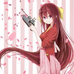 Rule 34 | 1girl, breasts, cherry blossoms, highres, japanese clothes, kamikaze (kancolle), kantai collection, kimono, long hair, looking at viewer, medium breasts, pink eyes, red hair, smile, solo, striped, striped background, very long hair, yoshino (yoshino-yoshii)