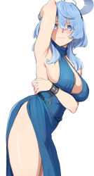 Rule 34 | 1girl, absurdres, ako (blue archive), ako (dress) (blue archive), arm behind head, armpits, black hairband, blue archive, blue dress, blue eyes, blue hair, blue halo, bracelet, breasts, chain, cleavage, closed mouth, commentary, dress, earrings, hairband, halo, highres, himwi, jewelry, large breasts, looking at viewer, official alternate costume, sideless dress, sideless outfit, simple background, single handcuff, sleeveless, sleeveless dress, solo, thighs, white background