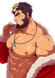 Rule 34 | 1boy, abs, bara, bare pectorals, beard, cigar, ded (housamo), dog tags, facial hair, forked eyebrows, halo, jacket, large pectorals, looking at viewer, male focus, mature male, muscular, muscular male, navel, nipples, official alternate costume, open clothes, open jacket, pectorals, santa costume, shigetashigezo, short hair, single bare shoulder, smirk, smoking, solo, stomach, tokyo houkago summoners, undressing, upper body