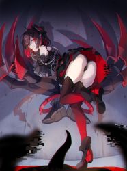 Rule 34 | 1girl, arm cuffs, ass, black hair, black panties, blood, blood on hands, boots, chain, claws, commentary request, dress, evil smile, from behind, full body, glitch, hair ornament, highres, honkai (series), honkai impact 3rd, huge claws, looking at viewer, medium hair, multicolored hair, nasubi (1ra1ri1ko2cho1mi2na), panties, red eyes, red hair, red thighhighs, seele (alter ego), seele vollerei, seele vollerei (stygian nymph), shaded face, shadow, short dress, smile, thighhighs, thighs, two-tone hair, underwear