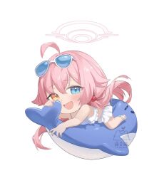Rule 34 | 1girl, ahoge, bare arms, bare legs, bare shoulders, barefoot, bikini, blue archive, blue eyes, blush, frilled bikini, frills, hair bobbles, hair ornament, halo, heterochromia, highres, hoshino (blue archive), hoshino (swimsuit) (blue archive), inflatable toy, inflatable whale, long hair, looking at viewer, low twintails, midori xu, official alternate costume, open mouth, pink hair, pink halo, simple background, smile, solo, swimsuit, twintails, white background, white bikini, yellow eyes