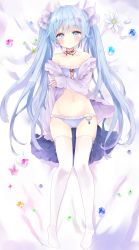 Rule 34 | 1girl, absurdres, bare shoulders, bed sheet, blue bra, blue eyes, blue hair, blue panties, blue skirt, blush, bra, closed mouth, collarbone, commentary, flower, full body, gem, gluteal fold, hair flower, hair ornament, highres, long hair, long sleeves, looking at viewer, lying, navel, no shoes, off shoulder, on back, open clothes, open shirt, original, panties, pink flower, pleated skirt, purple shirt, shirt, skirt, unworn skirt, sleeves past wrists, solo, symbol-only commentary, thighhighs, tsukiyo (skymint), twintails, underwear, very long hair, white flower, white thighhighs