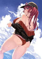Rule 34 | 1girl, ass, baseball cap, bikini, blush, breasts, butt crack, cloud, cloudy sky, cropped jacket, eyewear on head, facing away, hand up, hat, highres, hololive, houshou marine, houshou marine (summer), jacket, knee up, large breasts, looking at viewer, looking back, off shoulder, red bikini, red hair, shiokonbu, sky, solo, standing, swimsuit, thighs, twintails, virtual youtuber