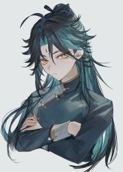 Rule 34 | 1boy, ahoge, alternate costume, alternate hair length, alternate hairstyle, black hair, black ribbon, blue hair, chinese clothes, closed mouth, cropped torso, crossed arms, facial mark, forehead mark, genshin impact, green hair, grey background, hair ribbon, highres, long hair, long sleeves, looking at viewer, male focus, multicolored hair, ribbon, simple background, solo, upper body, xiao (genshin impact), yellow eyes, zaso