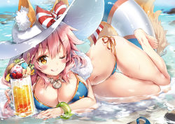 Rule 34 | 1girl, animal ears, barefoot, bikini, blue bikini, blush, bracelet, breasts, cleavage, closed mouth, commentary request, ears through headwear, fate/grand order, fate (series), food, fox ears, fox tail, fruit, full body, glass, hair between eyes, halterneck, hat, innertube, jewelry, large breasts, long hair, looking at viewer, navel, necklace, one eye closed, pink hair, riichu, side-tie bikini bottom, smile, solo, strawberry, string bikini, swim ring, swimsuit, tail, tamamo (fate), tamamo no mae (fate/extra), tamamo no mae (swimsuit lancer) (fate), tamamo no mae (swimsuit lancer) (third ascension) (fate), tongue, tongue out, white hat, yellow eyes