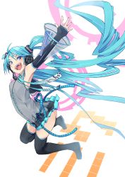Rule 34 | 1girl, absurdly long hair, ass, blue eyes, blue hair, boots, character name, detached sleeves, elbow gloves, fingerless gloves, fu-ta, full body, gloves, hatsune miku, headphones, headset, jumping, long hair, matching hair/eyes, necktie, open mouth, outstretched arms, skirt, solo, spread arms, thigh boots, thighhighs, twintails, very long hair, vocaloid, white background