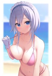 Rule 34 | 1girl, beach, bikini, blue eyes, blurry, blurry background, blush, breasts, cleavage, closed mouth, cloud, collarbone, commentary request, day, gloves, highres, himeji shirayuki, honyuuruinomoto, large breasts, liar liar, looking at viewer, maid headdress, navel, ocean, outdoors, pink bikini, sand, sidelocks, sky, smile, solo, stomach, strap pull, swimsuit, water, white gloves, white hair